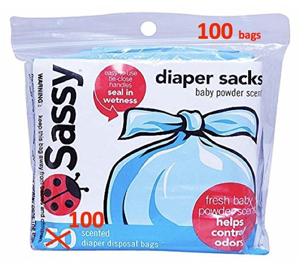 100 Count Disposable Diaper Sacks, Powder Scented, 4-25 Sacks per Roll